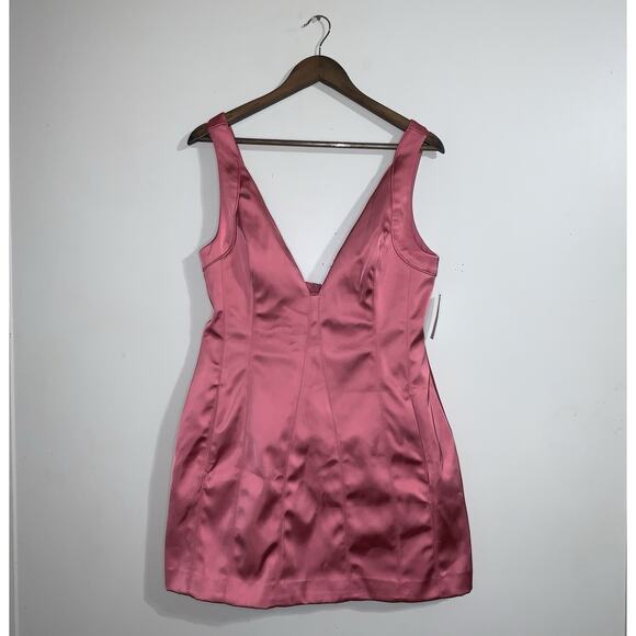 Anthropologie Sleeveless Plunge Satin Mini Dress Womens US Size 12 Pockets Pink - Picture 1 of 11
